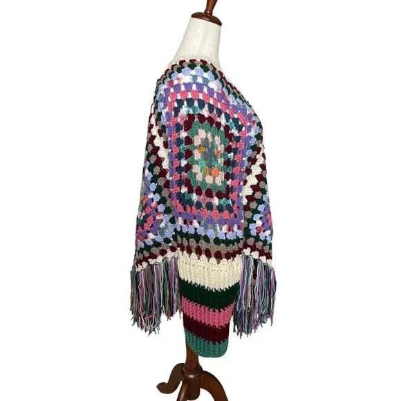 Crochet Poncho with Sleeves Granny Square Design Pattern Colorful Handmade New